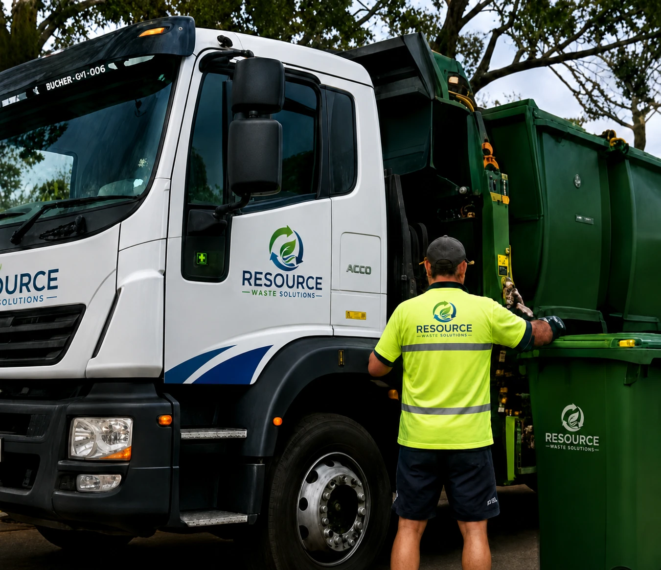 Resource Waste Solutions truck servicing a bin